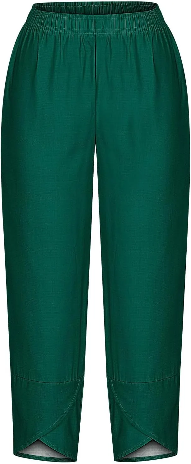 Ladies Casual Harem Trousers Women Linen Cropped Pants Elastic Waist Trouser Straight Leg Chino Bottoms Cosy Jogging