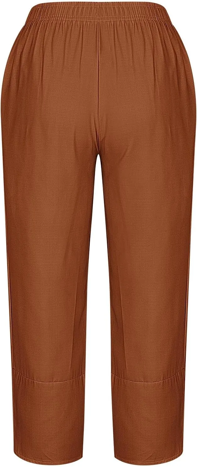 Ladies Casual Harem Trousers Women Linen Cropped Pants Elastic Waist Trouser Straight Leg Chino Bottoms Cosy Jogging