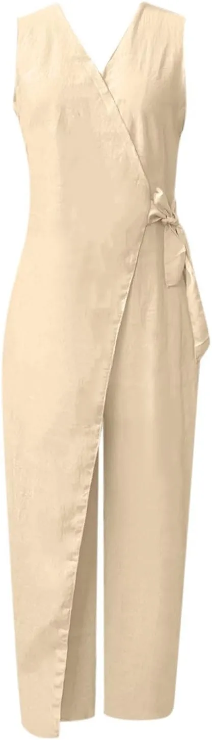 Ladies Jumpsuits 2 Piece Beach Sets For Women Classy Formal Tie Belt Romper Casual Dressy Pantsuit For Wedding Guest