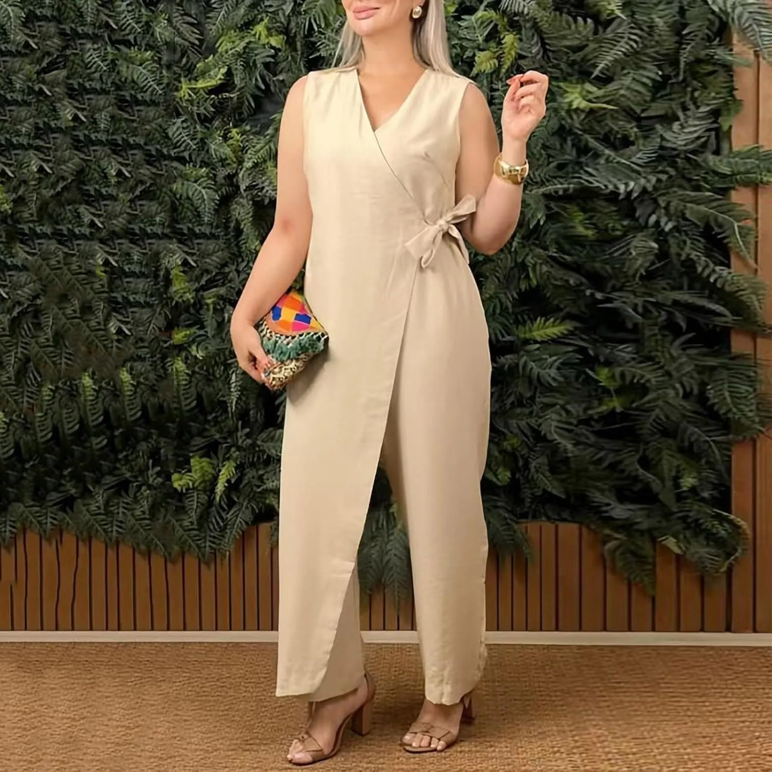 Ladies Jumpsuits 2 Piece Beach Sets For Women Classy Formal Tie Belt Romper Casual Dressy Pantsuit For Wedding Guest