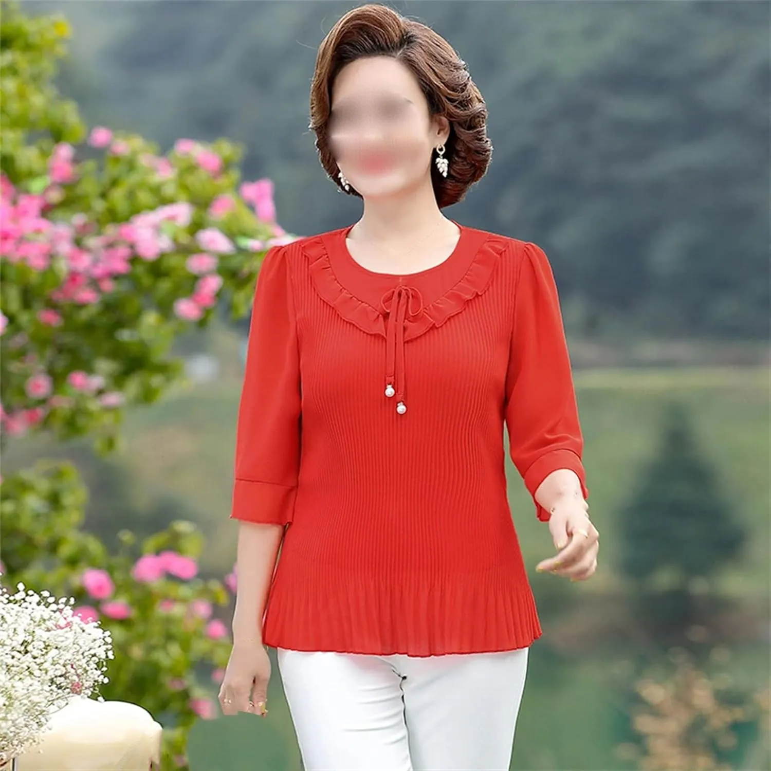 Lightweight Summer Blouses for Women Dressy Casual 3/4 Sleeve Round Neck Ruffle Hem Tunic Tops Lightweight Summer Tops