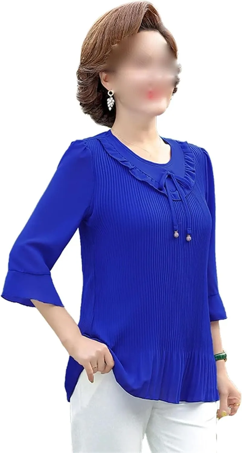 Lightweight Summer Blouses for Women Dressy Casual 3/4 Sleeve Round Neck Ruffle Hem Tunic Tops Lightweight Summer Tops