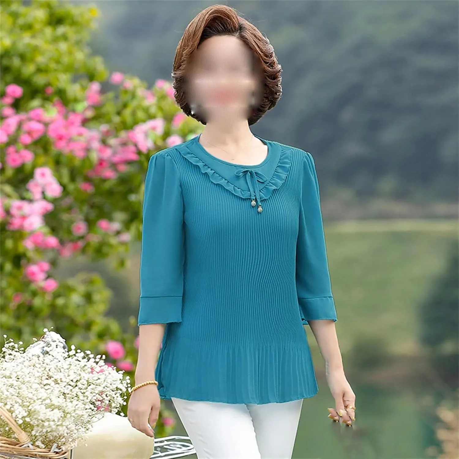 Lightweight Summer Blouses for Women Dressy Casual 3/4 Sleeve Round Neck Ruffle Hem Tunic Tops Lightweight Summer Tops
