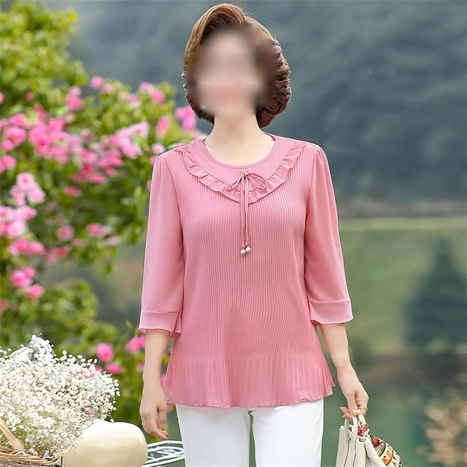 Lightweight Summer Blouses for Women Dressy Casual 3/4 Sleeve Round Neck Ruffle Hem Tunic Tops Lightweight Summer Tops