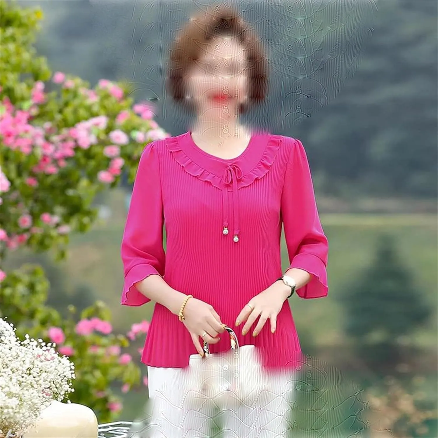 Lightweight Summer Blouses for Women Dressy Casual 3/4 Sleeve Round Neck Ruffle Hem Tunic Tops Lightweight Summer Tops