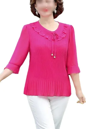 Lightweight Summer Blouses for Women Dressy Casual 3/4 Sleeve Round Neck Ruffle Hem Tunic Tops Lightweight Summer Tops