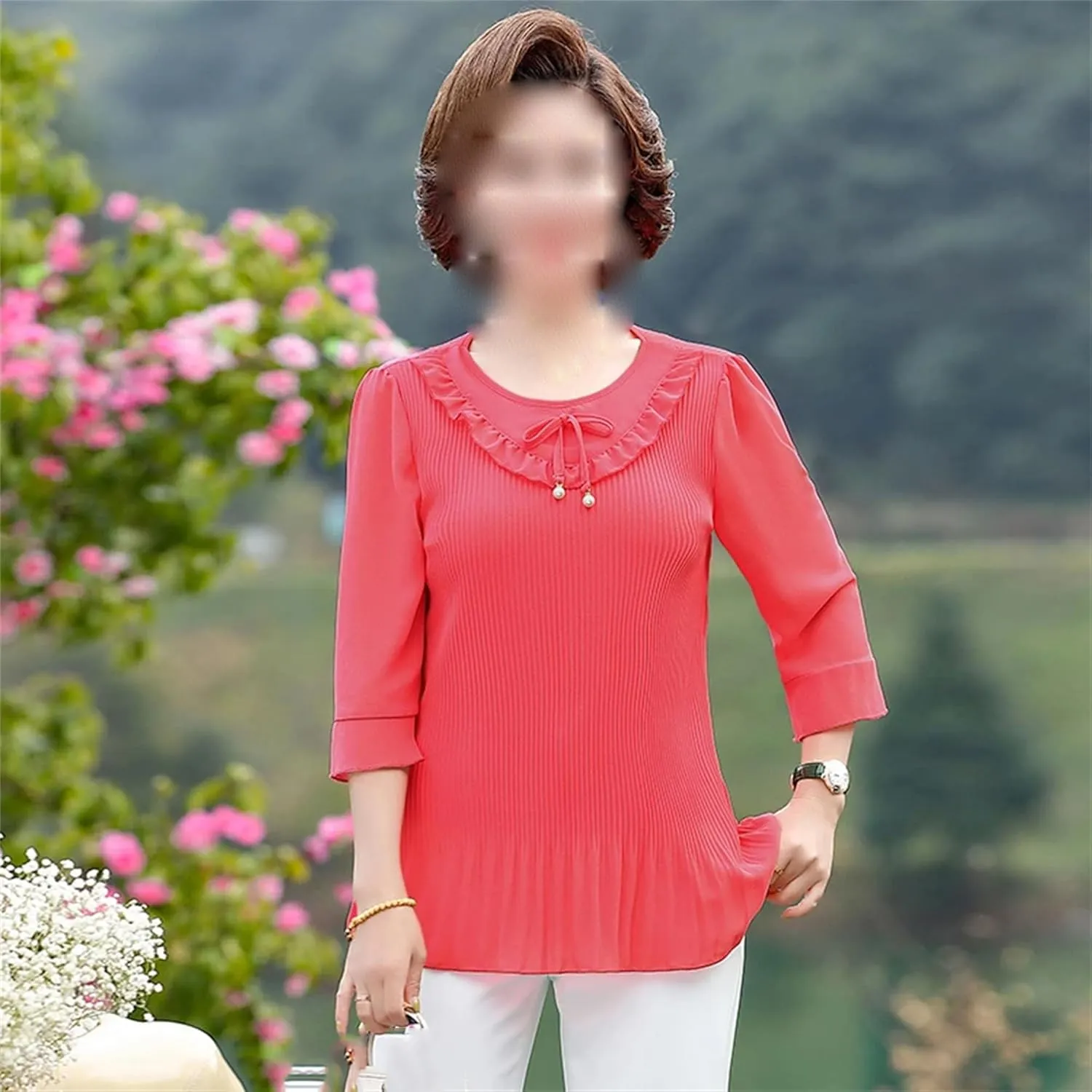 Lightweight Summer Blouses for Women Dressy Casual 3/4 Sleeve Round Neck Ruffle Hem Tunic Tops Lightweight Summer Tops