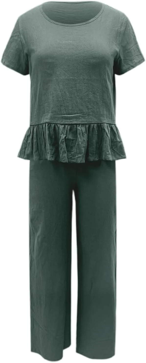Linen Pants Set For Women Plus Size Two Piece Sets Spring Ruffle Hem Tops Wide Leg Pants Formal Pantsuits For Evening Party