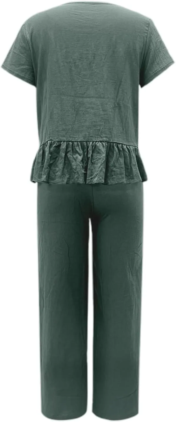 Linen Pants Set For Women Plus Size Two Piece Sets Spring Ruffle Hem Tops Wide Leg Pants Formal Pantsuits For Evening Party