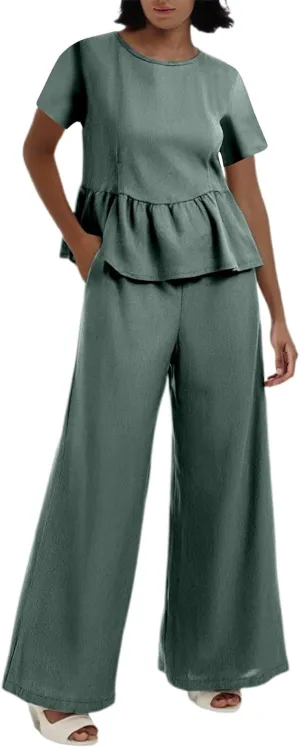 Linen Pants Set For Women Plus Size Two Piece Sets Spring Ruffle Hem Tops Wide Leg Pants Formal Pantsuits For Evening Party
