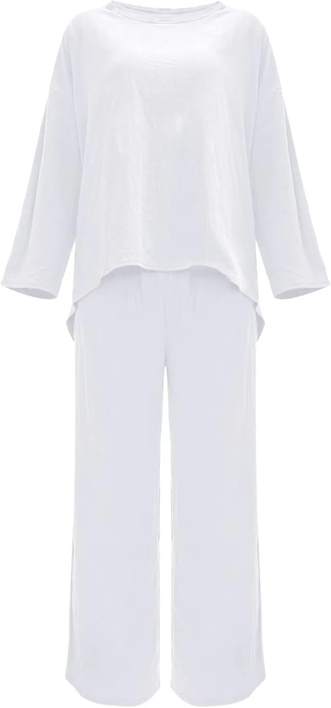 Linen Pants Suits For Women 2 Piece Outfits Casual Oversized Long Sleeve Tops High Waisted Pants Funeral Outfit For Women