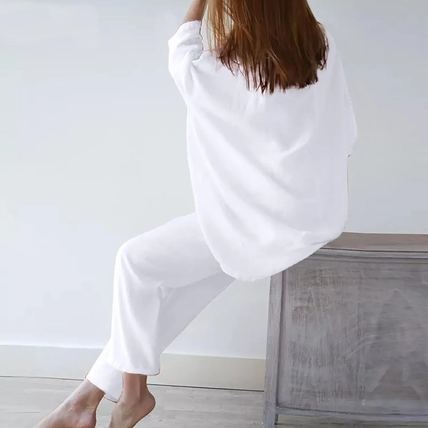Linen Pants Suits For Women 2 Piece Outfits Casual Oversized Long Sleeve Tops High Waisted Pants Funeral Outfit For Women