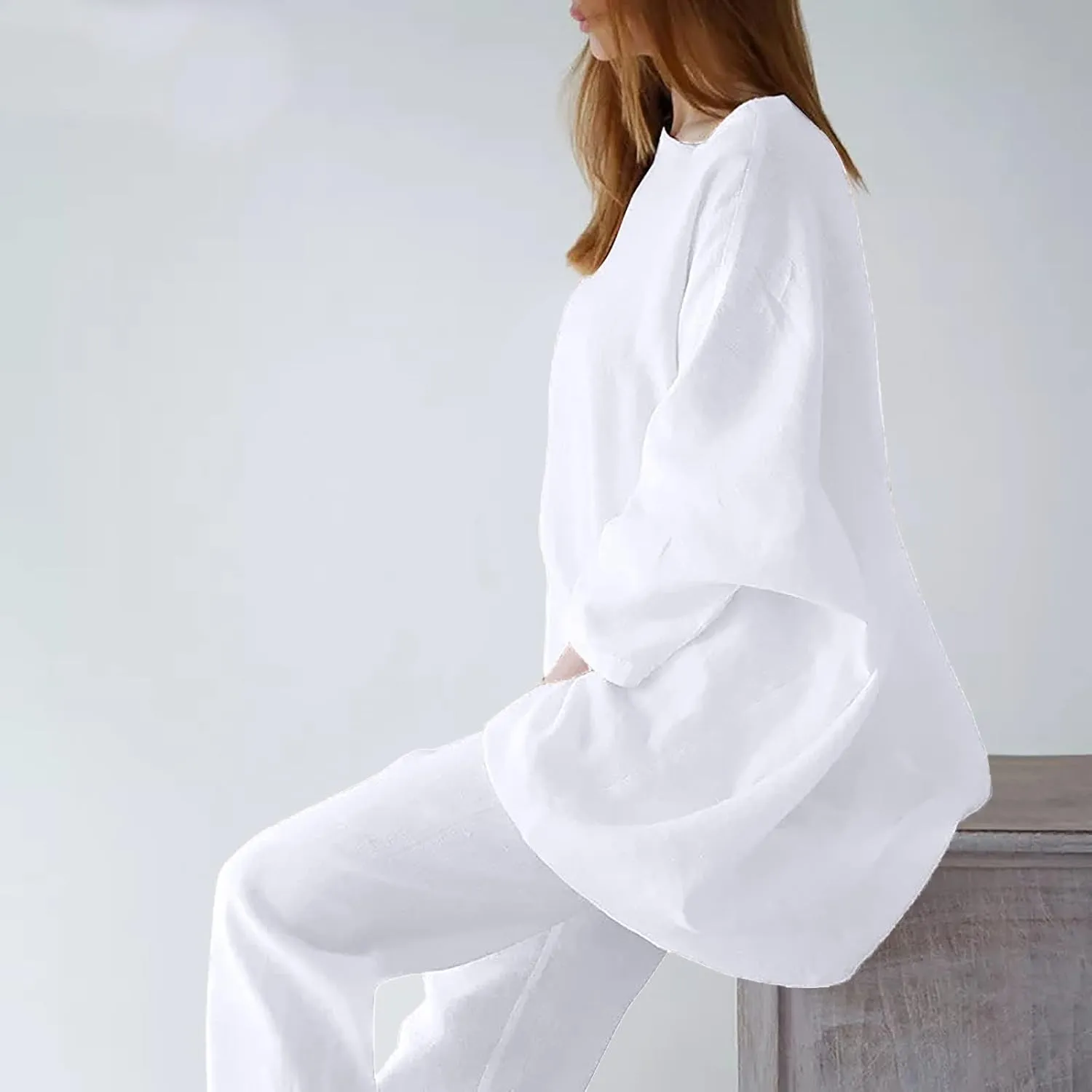 Linen Pants Suits For Women 2 Piece Outfits Casual Oversized Long Sleeve Tops High Waisted Pants Funeral Outfit For Women