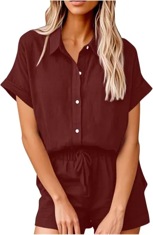 Linen Sets for Women 2 Piece Short Sets Summer Lounge Sets Beach Vacation Sets Button Down Shirts with Shorts