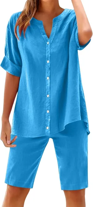 Linen Sets for Women Casual Summer 2 Piece Outfits Short Sleeve Shirts & Wide Leg Shorts Casual Loose Beach Sets