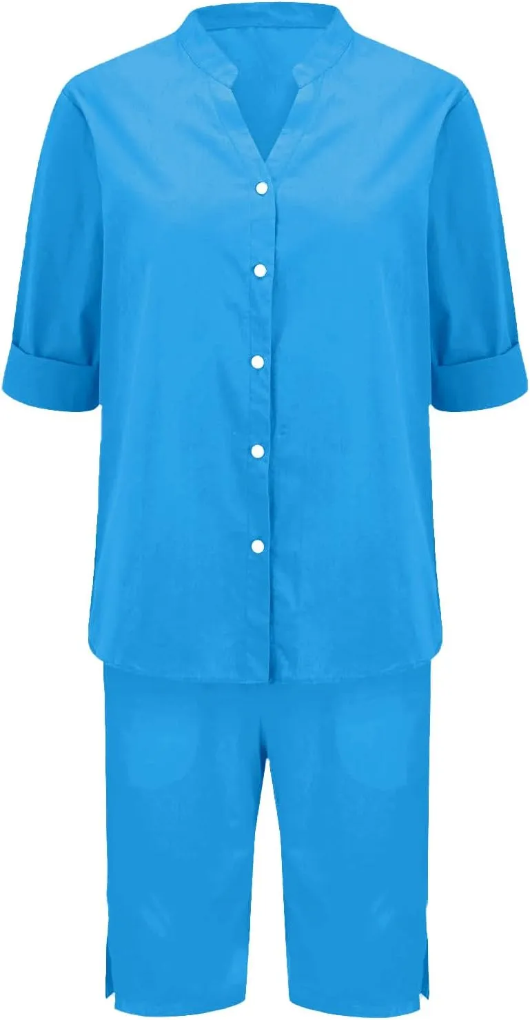 Linen Sets for Women Casual Summer 2 Piece Outfits Short Sleeve Shirts & Wide Leg Shorts Casual Loose Beach Sets