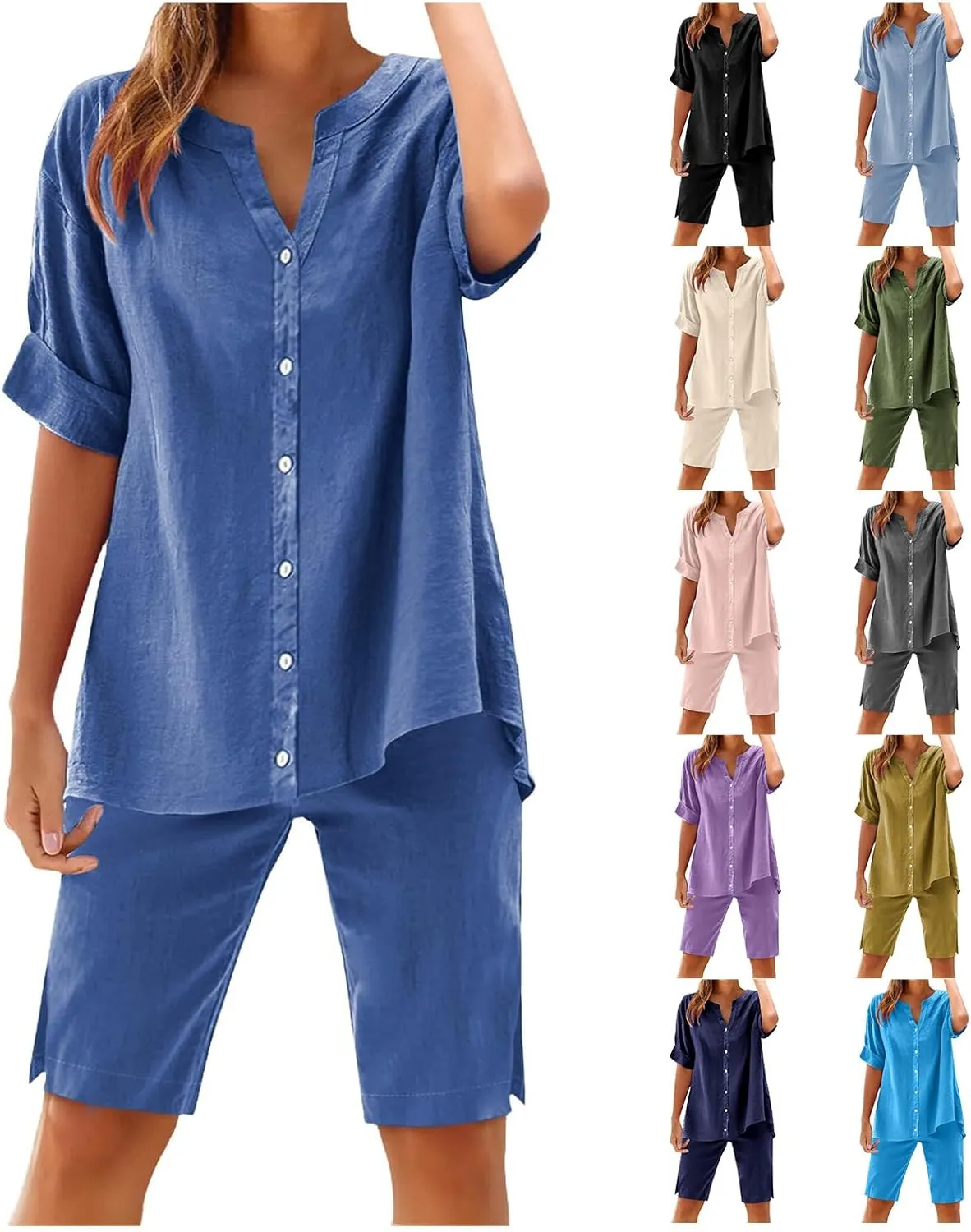 Linen Sets for Women Casual Summer 2 Piece Outfits Short Sleeve Shirts & Wide Leg Shorts Casual Loose Beach Sets