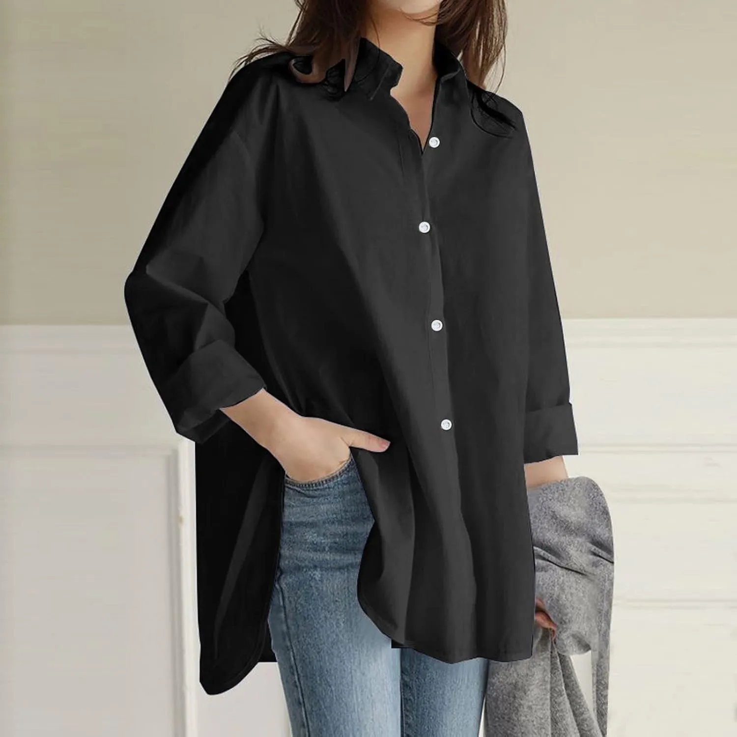 Linen Shirt Button Down Shirts Blouse Vintage Women O Neck Floral Lady Short Womens Blouse Button Down