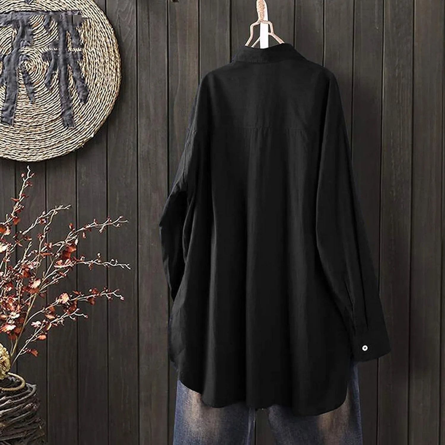 Linen Shirt Button Down Shirts Blouse Vintage Women O Neck Floral Lady Short Womens Blouse Button Down