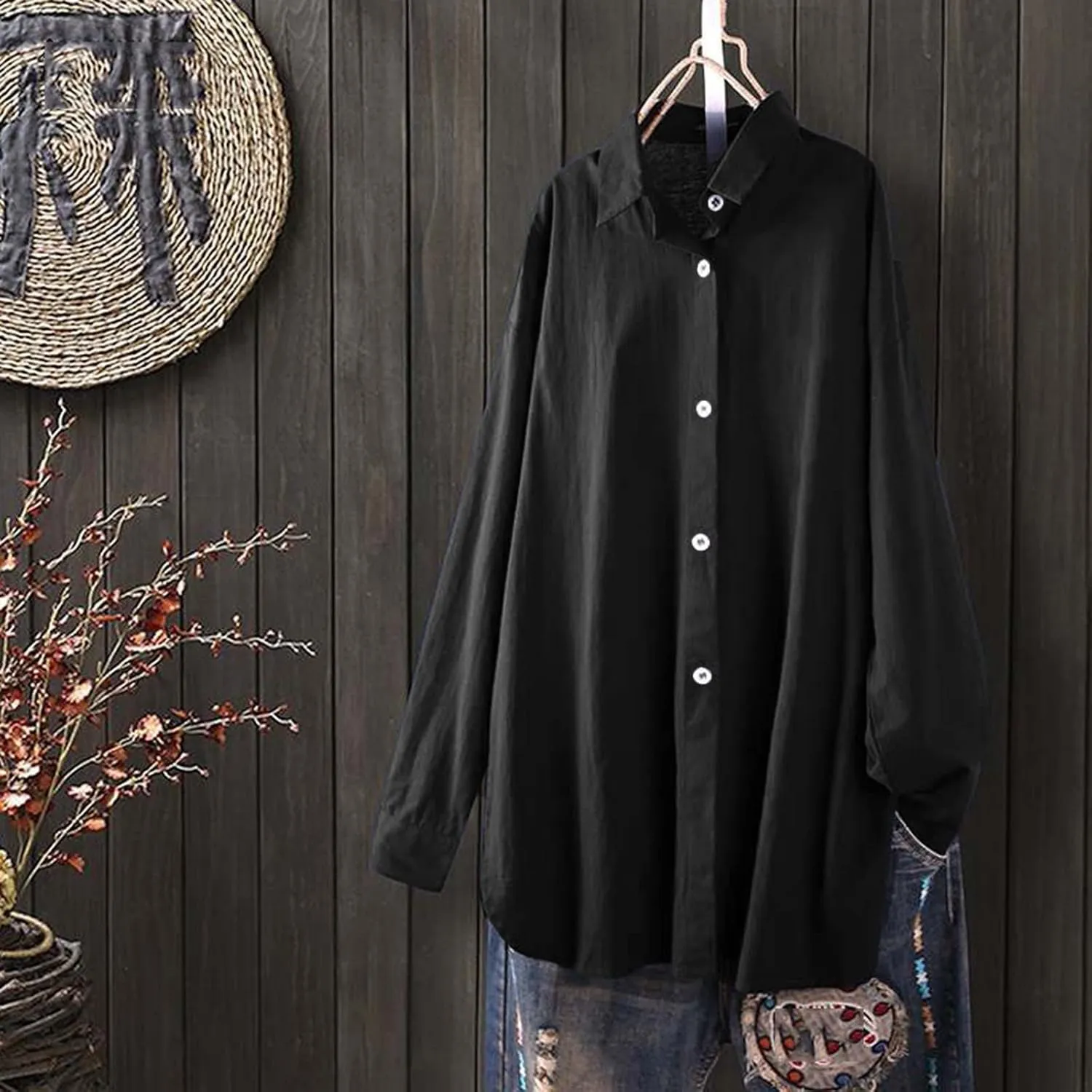 Linen Shirt Button Down Shirts Blouse Vintage Women O Neck Floral Lady Short Womens Blouse Button Down