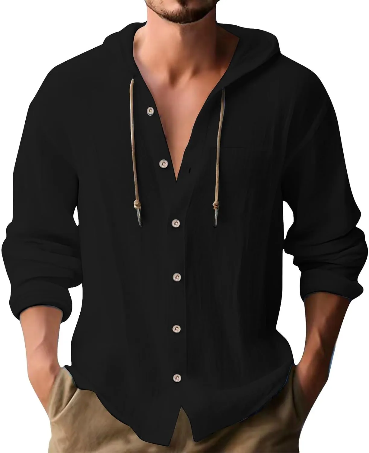 Linen Shirts for Men Lightweight Drawstring Button Shirts Casual Long Sleeve Breathable Summer Beach Tops with Hood