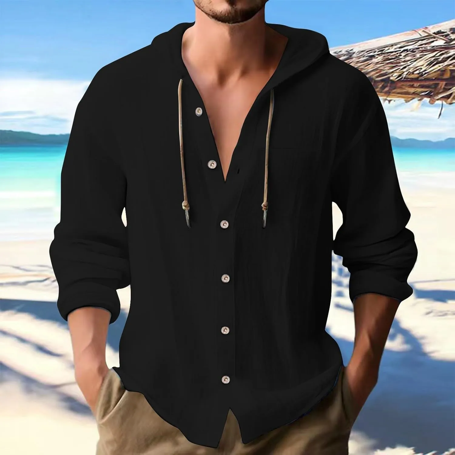 Linen Shirts for Men Lightweight Drawstring Button Shirts Casual Long Sleeve Breathable Summer Beach Tops with Hood