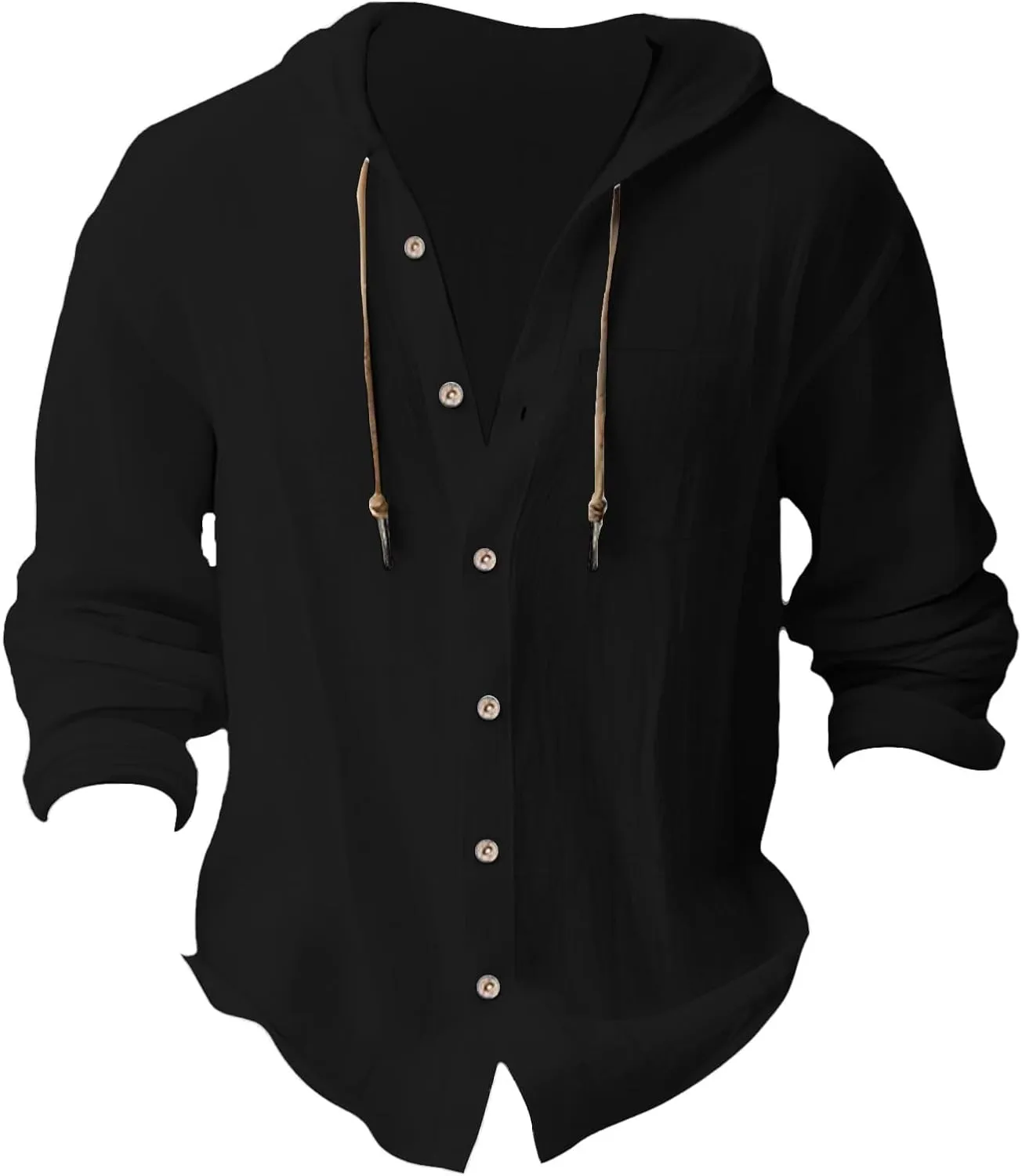 Linen Shirts for Men Lightweight Drawstring Button Shirts Casual Long Sleeve Breathable Summer Beach Tops with Hood