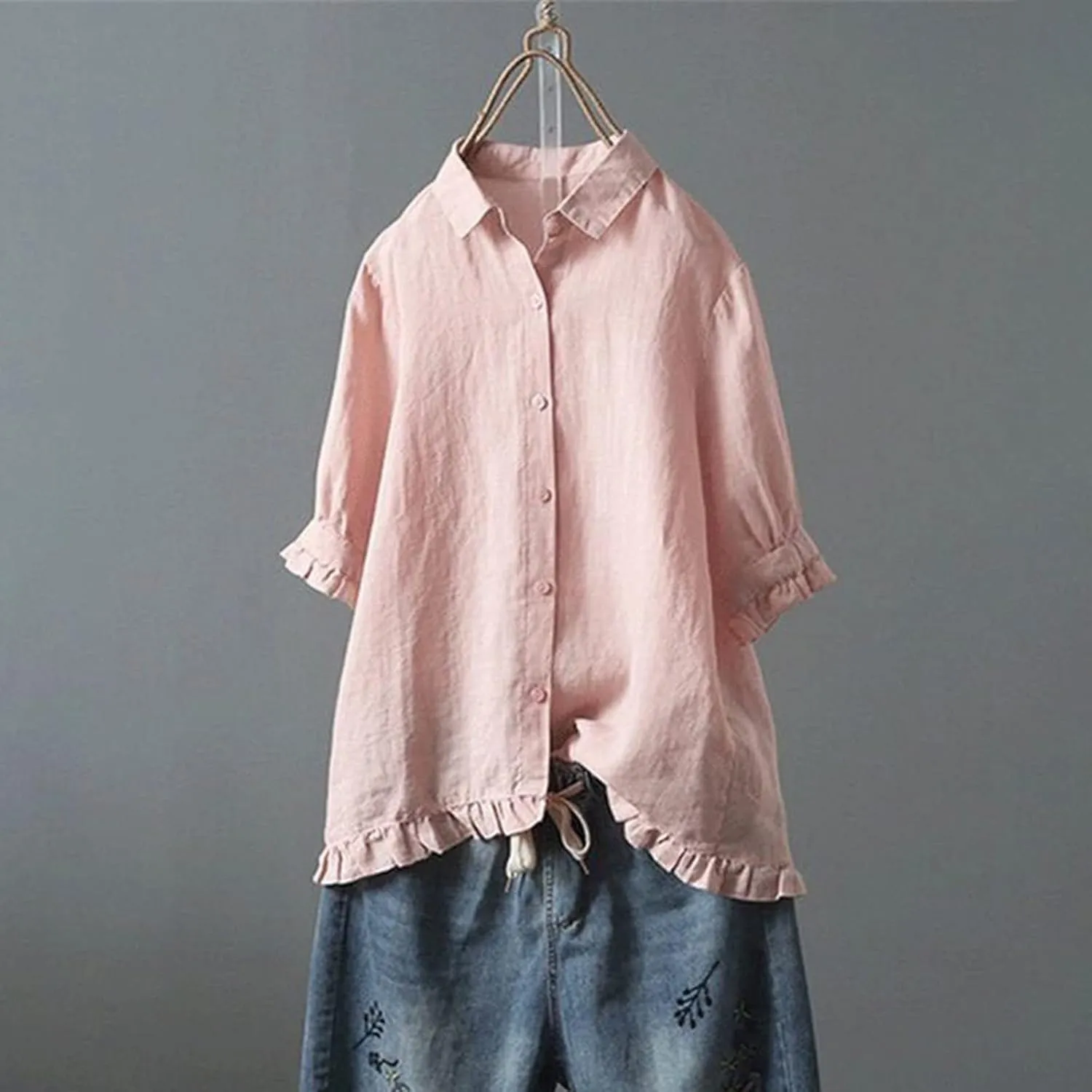 Linen Shirts for Women 3/4 Sleeve Cotton Blouses Lapel Neck Regular Fit Ruffle Hem Cute Summer Outfit Clothes