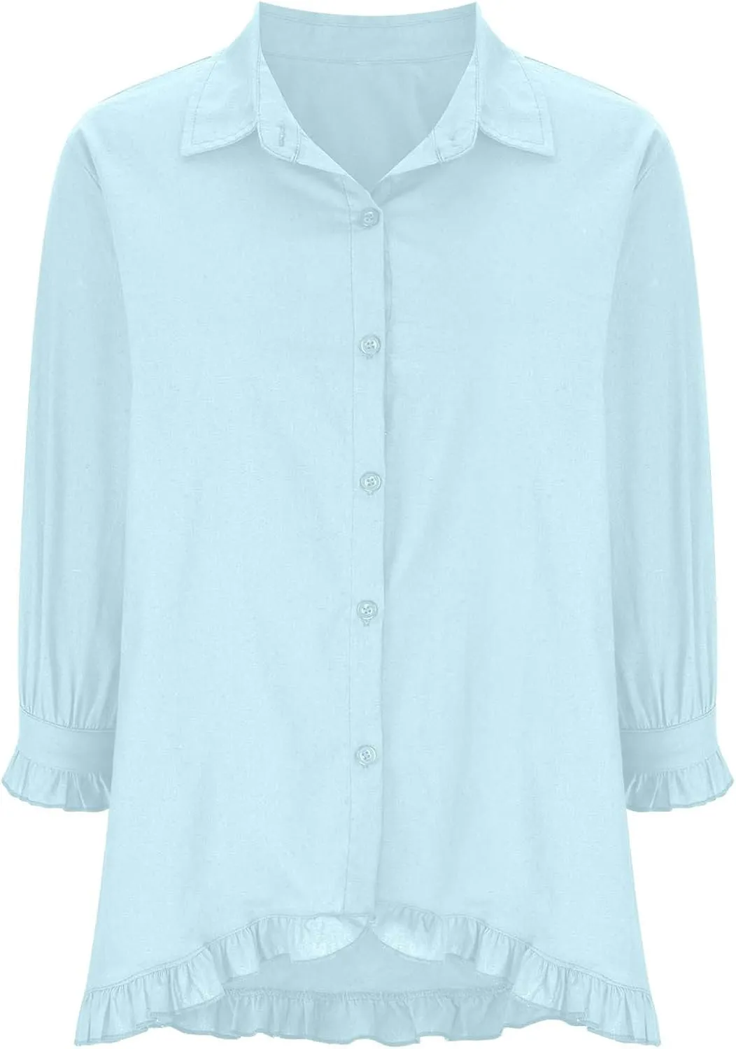 Linen Shirts for Women 3/4 Sleeve Cotton Blouses Lapel Neck Regular Fit Ruffle Hem Cute Summer Outfit Clothes