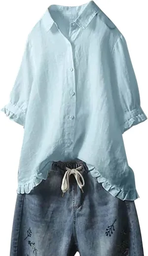 Linen Shirts for Women 3/4 Sleeve Cotton Blouses Lapel Neck Regular Fit Ruffle Hem Cute Summer Outfit Clothes