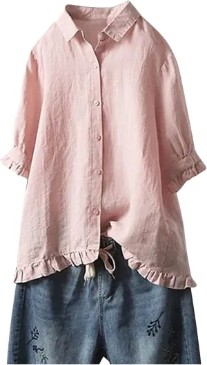 Linen Shirts for Women 3/4 Sleeve Cotton Blouses Lapel Neck Regular Fit Ruffle Hem Cute Summer Outfit Clothes
