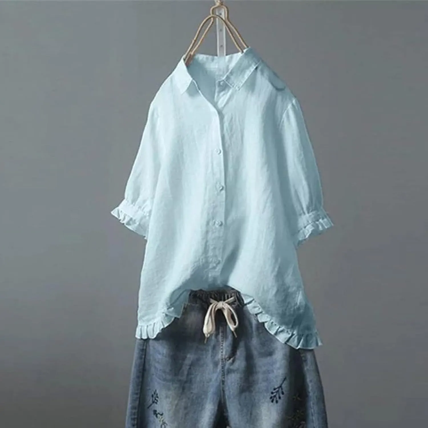 Linen Shirts for Women 3/4 Sleeve Cotton Blouses Lapel Neck Regular Fit Ruffle Hem Cute Summer Outfit Clothes