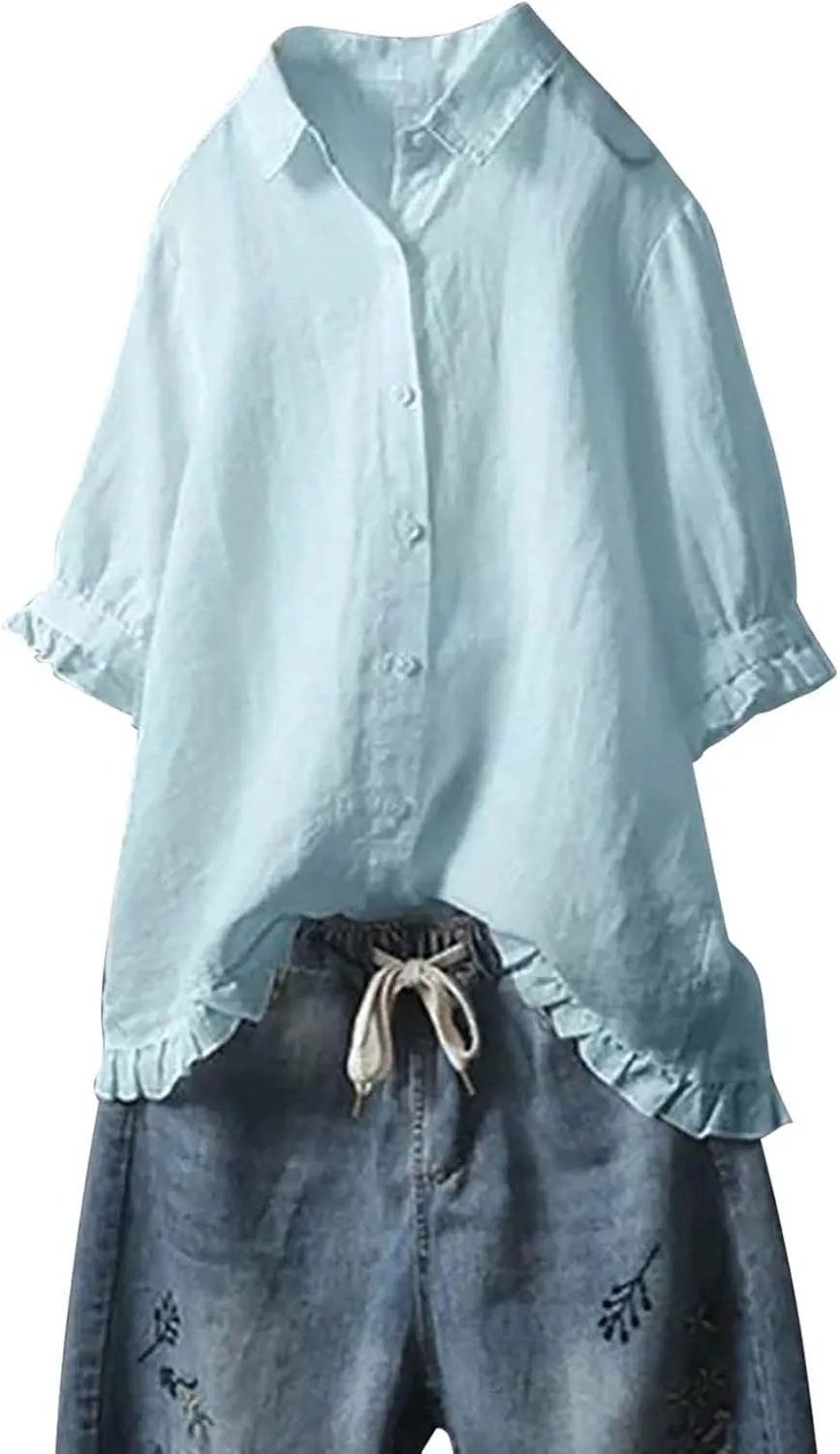 Linen Shirts for Women 3/4 Sleeve Cotton Blouses Lapel Neck Regular Fit Ruffle Hem Cute Summer Outfit Clothes