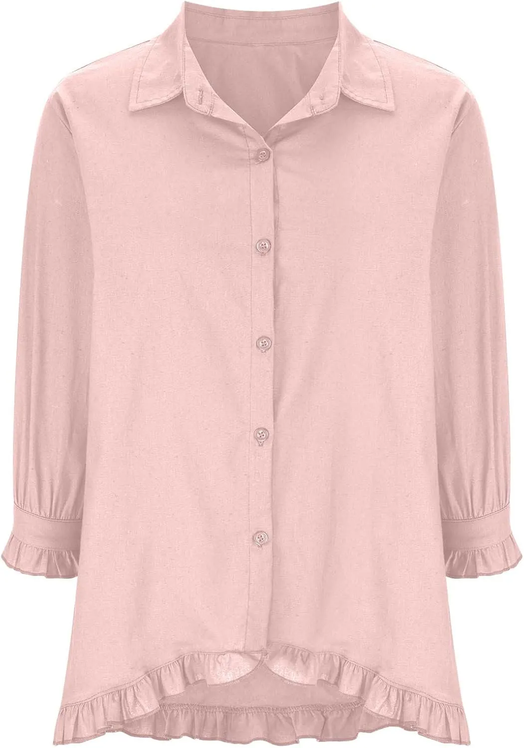 Linen Shirts for Women 3/4 Sleeve Cotton Blouses Lapel Neck Regular Fit Ruffle Hem Cute Summer Outfit Clothes