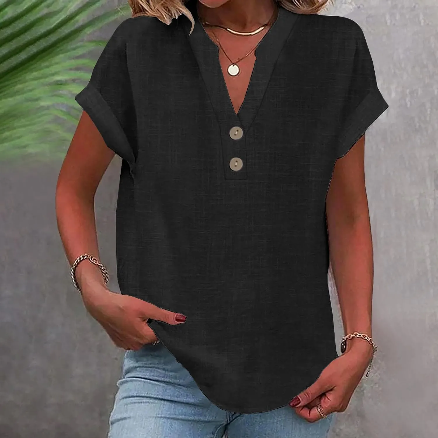 Linen Shirts for Women Casual Work Blouse Tops Summer Short Sleeve Roll Up Loose Fit V-Neck Cotton Button Up Shirt