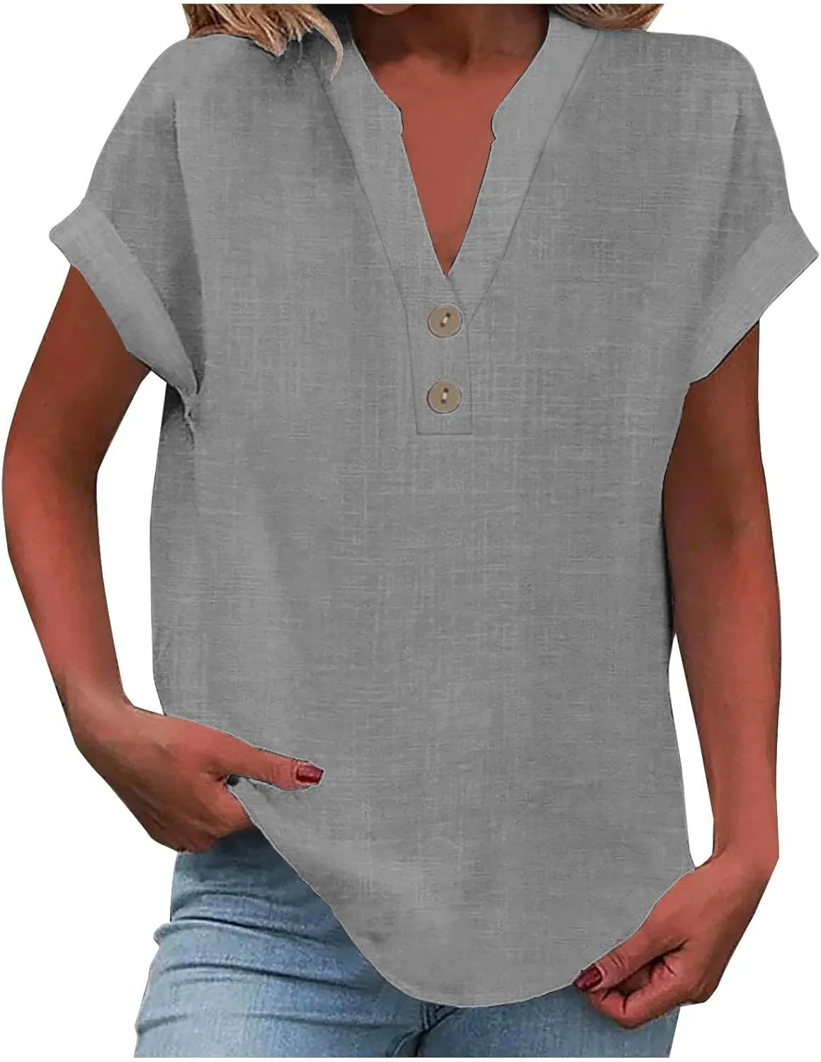 Linen Shirts for Women Plus Size Button Down Shirts Short Sleeve Cotton Tops Summer Casual Collared Loose Fit Blouses