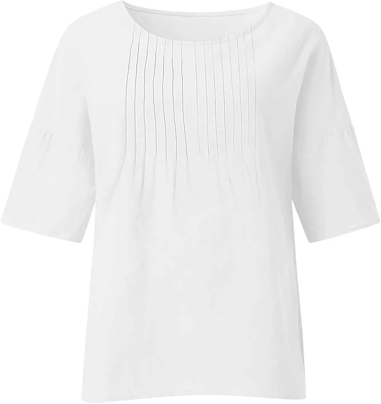 Linen Shirts for Women Solid Color Basic 3/4 Sleeve Tops 2025 Crewneck Casual Pleated Blouses Summer Vacation Tshirts