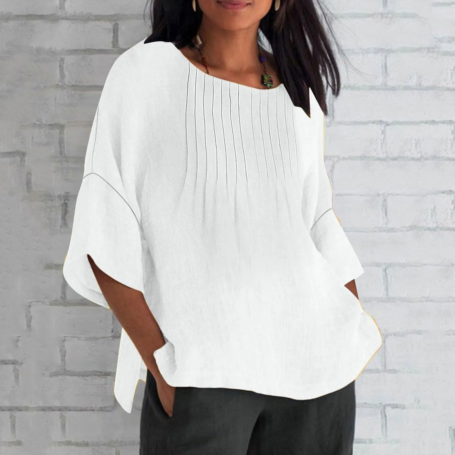 Linen Shirts for Women Solid Color Basic 3/4 Sleeve Tops 2025 Crewneck Casual Pleated Blouses Summer Vacation Tshirts