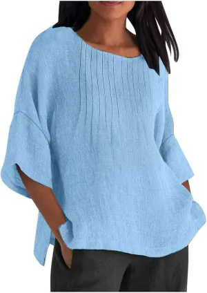 Linen Shirts for Women Solid Color Basic 3/4 Sleeve Tops 2025 Crewneck Casual Pleated Blouses Summer Vacation Tshirts