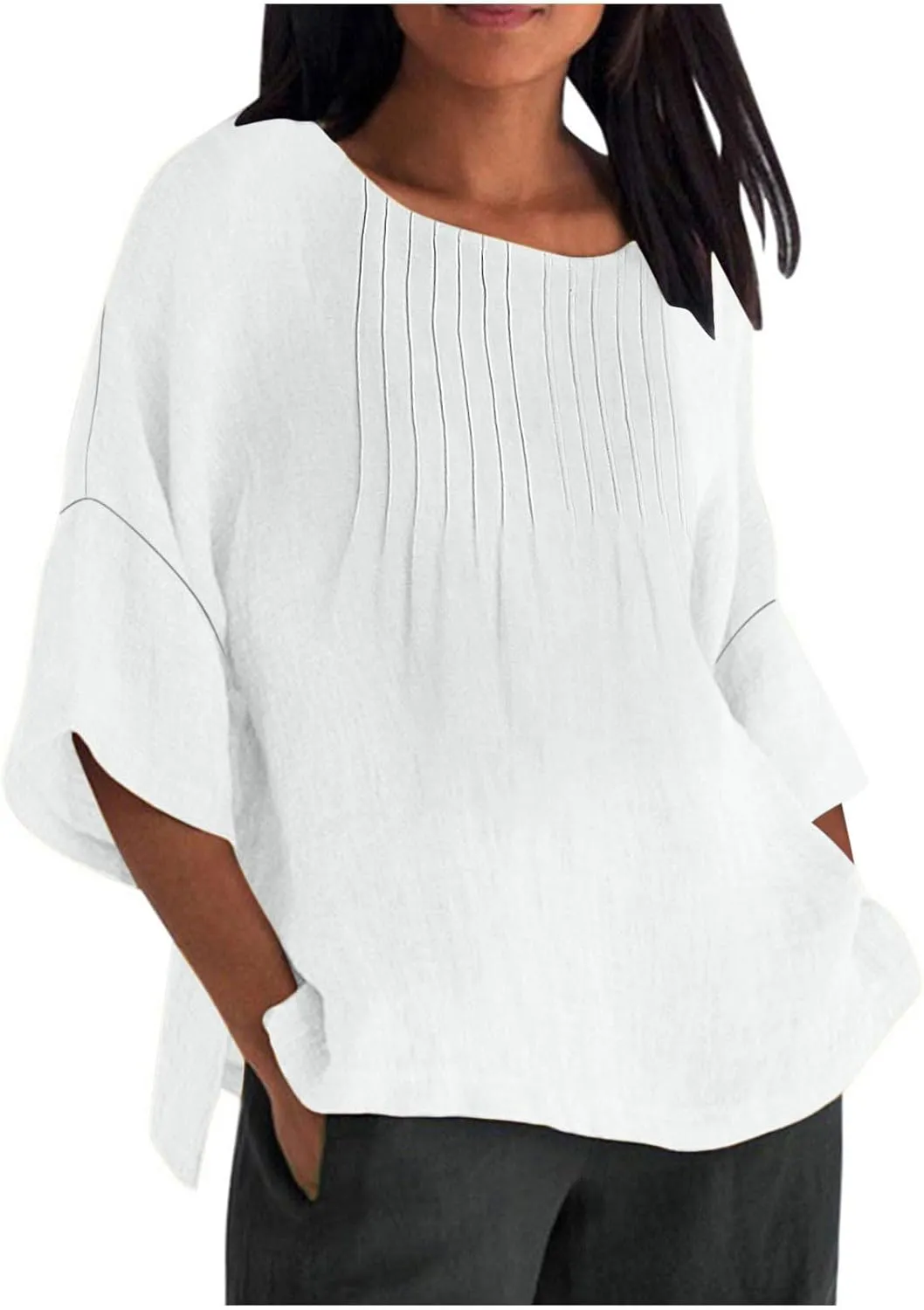 Linen Shirts for Women Solid Color Basic 3/4 Sleeve Tops 2025 Crewneck Casual Pleated Blouses Summer Vacation Tshirts