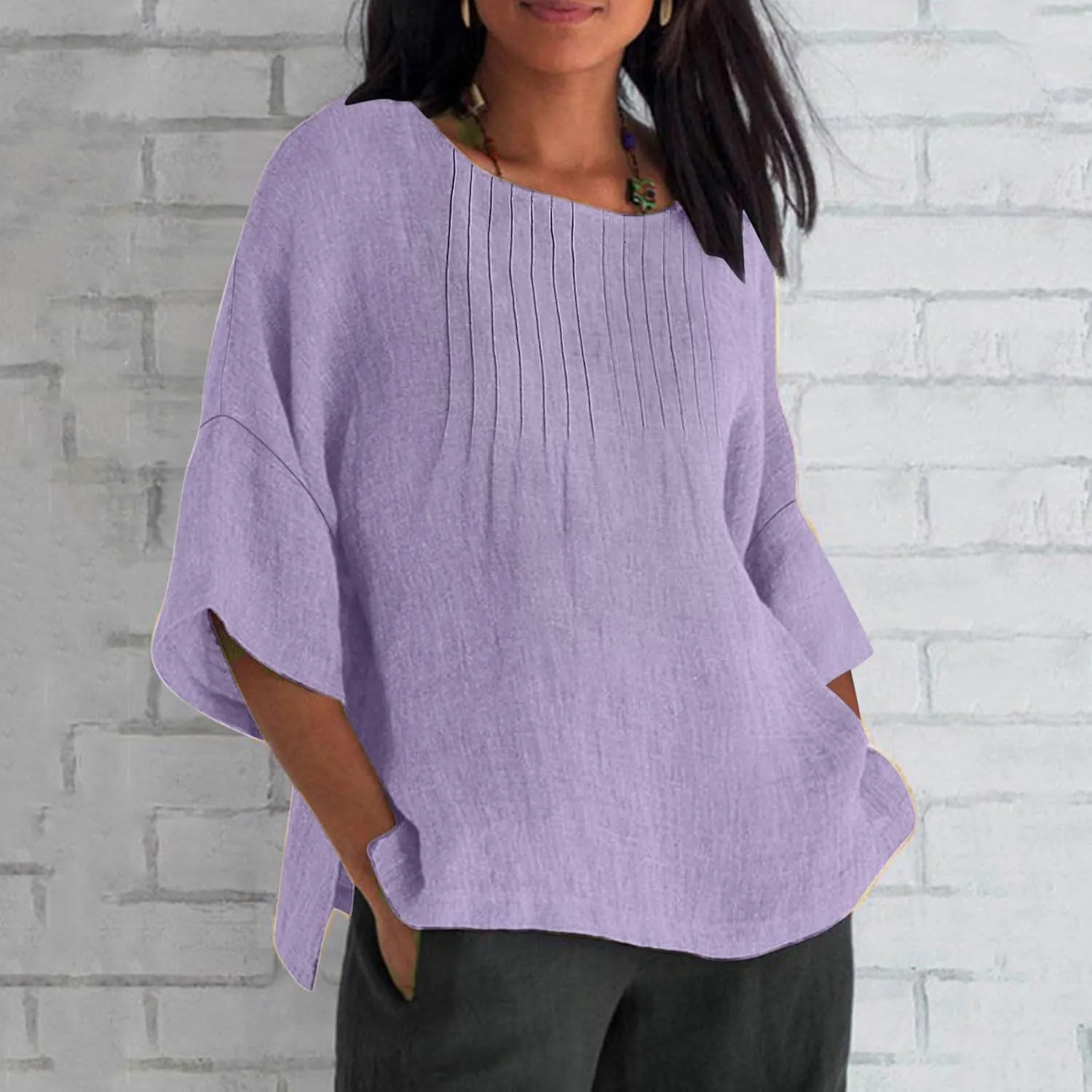 Linen Shirts for Women Solid Color Basic 3/4 Sleeve Tops 2025 Crewneck Casual Pleated Blouses Summer Vacation Tshirts
