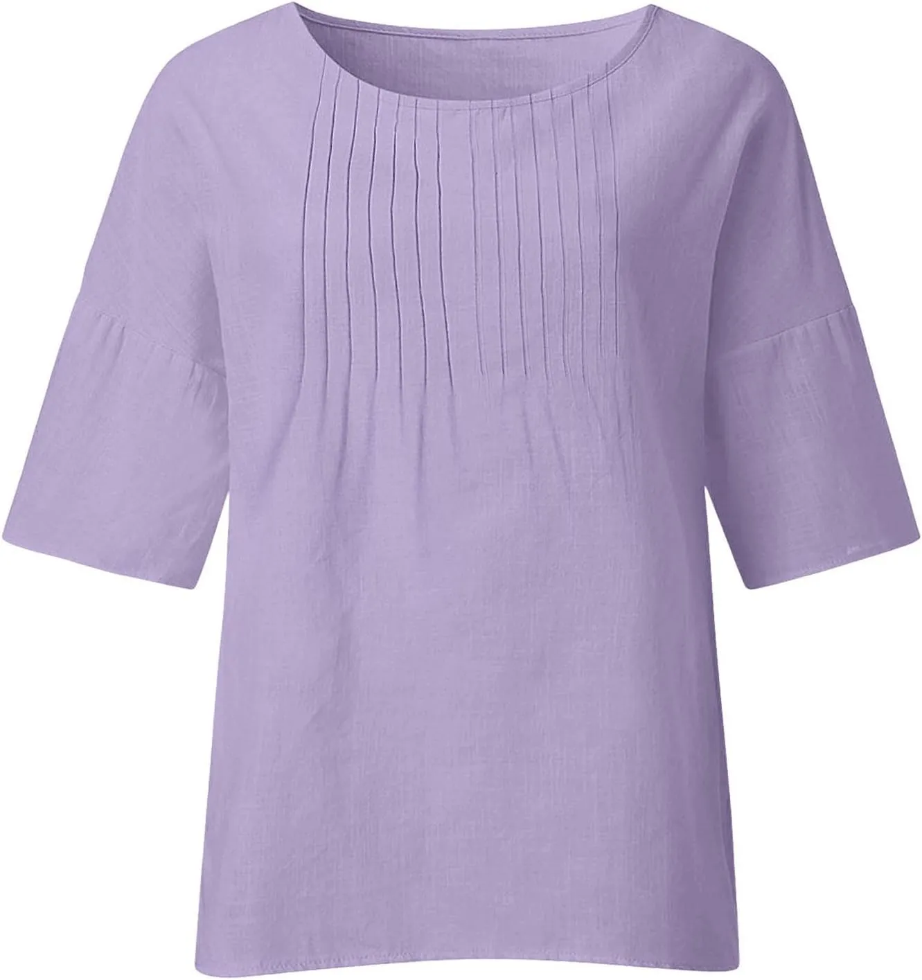 Linen Shirts for Women Solid Color Basic 3/4 Sleeve Tops 2025 Crewneck Casual Pleated Blouses Summer Vacation Tshirts