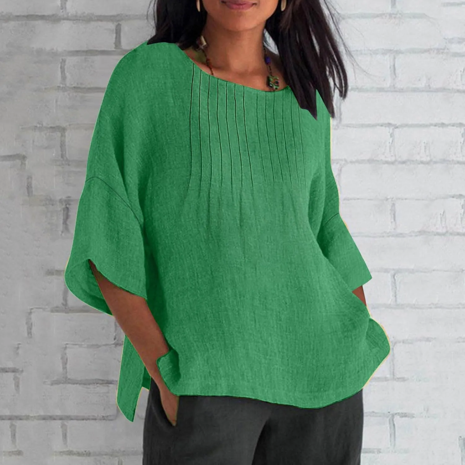 Linen Shirts for Women Solid Color Basic 3/4 Sleeve Tops 2025 Crewneck Casual Pleated Blouses Summer Vacation Tshirts
