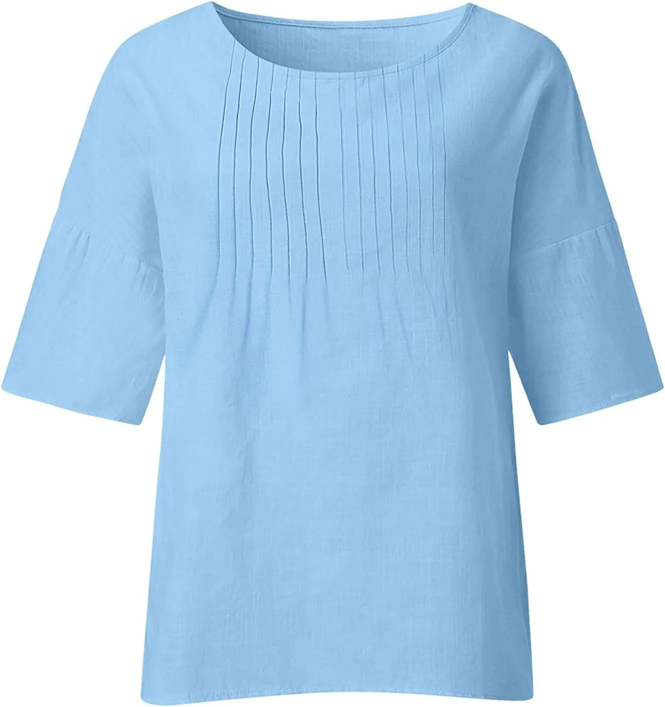 Linen Shirts for Women Solid Color Basic 3/4 Sleeve Tops 2025 Crewneck Casual Pleated Blouses Summer Vacation Tshirts