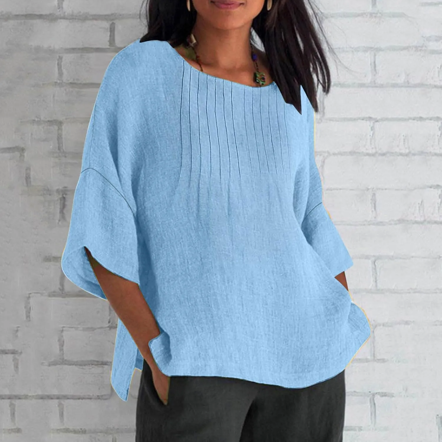 Linen Shirts for Women Solid Color Basic 3/4 Sleeve Tops 2025 Crewneck Casual Pleated Blouses Summer Vacation Tshirts