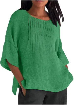 Linen Shirts for Women Solid Color Basic 3/4 Sleeve Tops 2025 Crewneck Casual Pleated Blouses Summer Vacation Tshirts