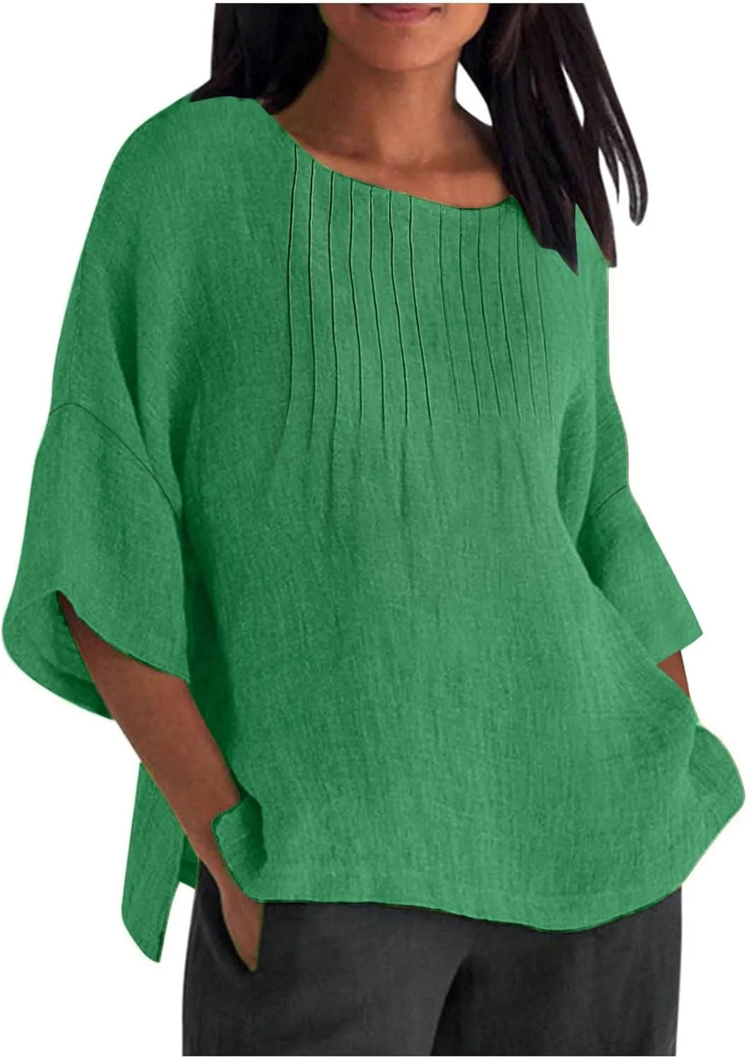 Linen Shirts for Women Solid Color Basic 3/4 Sleeve Tops 2025 Crewneck Casual Pleated Blouses Summer Vacation Tshirts