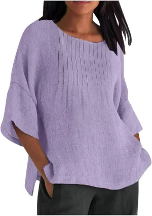Linen Shirts for Women Solid Color Basic 3/4 Sleeve Tops 2025 Crewneck Casual Pleated Blouses Summer Vacation Tshirts
