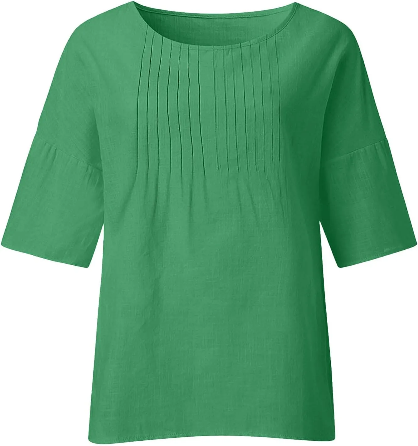 Linen Shirts for Women Solid Color Basic 3/4 Sleeve Tops 2025 Crewneck Casual Pleated Blouses Summer Vacation Tshirts