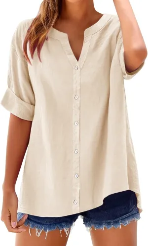 Linen Shirts for Women Solid V Neck Roll up Sleeve Tee Vacation Boho Summer Tops Vintage Beach Blouse Travel Clothes